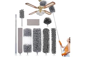 AMZJMT 9 Stück Set Staubwedel lang Susziehbar, Lang teleskop staubwedel & Waschbar, Teleskop-Design bis 255cm.spinnwebenbesen und Staubwischer,Staubwedel für Deckenventilatoren,Decke,Spinnweben