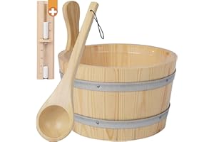 SMARTPEAS Secchio Per Sauna In Legno Di Pino 4L - Set Di Accessori Per Infusione - Accessori Per Sauna Composto Da Secchio Con Mestolo Per Infusione Sauna + Orologio Per Sauna