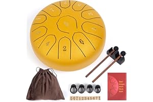 Amkoskr Rain Drum for Outside, 6 Inches 11 Notes Steel Tongue Drum C Major Steel-Drum Instrument for Yoga, Meditation, Music Education, Gift, Gold