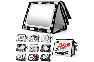 PROACC Tummy Time Mirror Toys, Baby Toys 0-6 Months Mirror Floor Toy Flip Soft Cloth Book, Black and White Sensory Toys Activity Montessori Newborn Floor Toys for Boys Girls Gifts 0 3 6 Months, Black