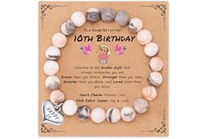 Cunegra Birthday Gifts for 10 Year Old Girls, Pink Zebra Stone Bracelet with Heart Charm, Natural Stone Beaded Bracelet for Daughter, Sister, Niece
