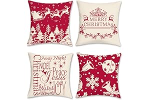 Bonhause Federe Cuscini Natalizi Rosso 45 x 45 cm Renna Fiocco di Neve Copricuscini Decorativi Poliestere Biancheria Federa per Cuscino Divano Letto Casa Decorazione Natalizia Set di 4