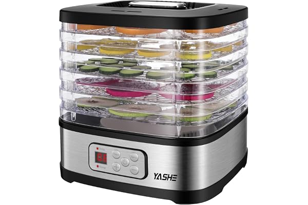 YASHE GGJ-261B Mattork med LED-display, temperaturkontroll 35-70°C och 72-timmars timer, 5 justerbara brickor, mattork för frukt och grönsaker, 240 watt, BPA-fri