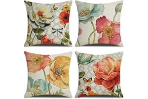 KSSKEN Fundas Cojines 45x45cm, Juego de 4 Fundas de Cojines Algodón Lino Decorativa Hogar Almohadas Fundas para Sala Sofá Cama Decoración para Hogar-Flores Retro