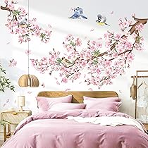 Grote bloeiende kersenboom muurstickers roze perzikbloesem boom kolibries muurstickers peel and stick lente muurkunst decoratie voor meisjes slaapkamer woonkamer keuken bank tv achtergrond