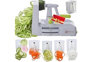 Brieftons 5-Blade Vegetable Spiralizer: Strongest-Heaviest Spiral Slicer, Best Veggie Pasta Spaghetti Maker for Low Carb/Paleo/Gluten-Free/Vegan Meals, with Extra Blade Caddy, 4 Recipe Ebooks