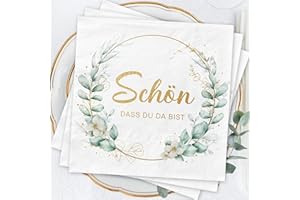 BUSCANDO Servietten Schön Dass Du Da Bist 40Stück 3-lagig Grün Eukalyptus Servietten Hochzeit Geburtstag Taufe Geburtstag Deko Servietten Salbeigrün mit Spruch Kommunion Konfirmation Tischdeko 33x33cm