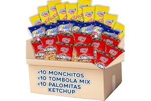 IAMI Pack Snacks Arroz Inflado Monchitos + Palomitas de Ketchup Pegui + Tómbola Mix - 10 Bolsas Arroz Inflado Sabor Jamón + 10 Bolsas Palomitas Sabor Ketchup + 10 Bolsas Tómbola Mix de Aperitivo de Maíz