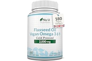 Flaxseed Oil 2000mg - 180 Vegan Softgel Capsules - Rich Source of Omega 3 6 9 | Cold Pressed - 3 Month Supply - Made in The UK - Nu U Nutrition