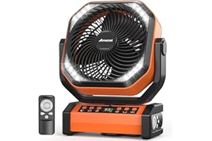Amacool Camping Fan with Light, 20000mAh Rechargeable Battery Operated Fan, 112H Max Cooling Time, 8 Speeds, Digital Display, Remote Control, 270°Pivot with Hook for Tent Car RV Power Outage (Orange)