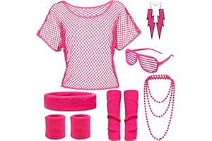 ATOWORLD 90s 80s Fancy Dress for Women 80s Mesh Top Fishnet Neon Accessories 80s Headband Leg Warmer for Women 80s Neon Clothes Costume 90s 80s Party Outfit Disco t Shirts for Girls Night Hen Do