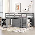 Merax Solid Wood Full-Size Low Loft Bed Frame with Ladder for Kids Bunk, Cabinet + Desk, Pure Gray