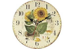 Foxtop Wall Clock, 30cm Sunflower France Country Tuscan Style Wooden Vintage Clock with Large Numerals, Non-Ticking Battery Operated Silent Clock for Living Room Bedroom Kitchen Hotel Cafe