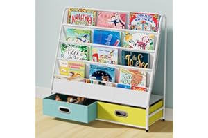 Mutool 4 Tier Children Bookcase Bookshelf for Kids, Book Rack Storage Bookshelf with Basket, Easy-to-Reach for Books, Toys or Snacks, Ideal for Playrooms & Homeschooling (Yellow&Green)