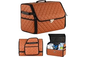 GOSOYO Leather Car Trunk Storage with Lid, Foldable Car Organizer, Boot Storage with Pockets and Dividers, Boot Organizer, Non-Slip Design (Brown-Black)