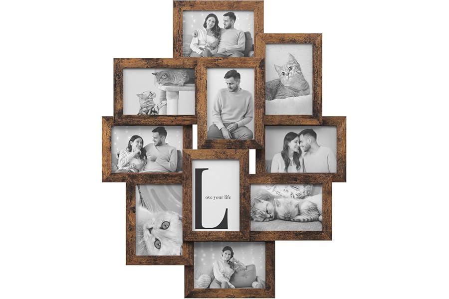 SONGMICS Collage Picture Frame, 10 Frames for 4x6 Photos, Multi Wall Decor, Rustic Brown RPF020X01
