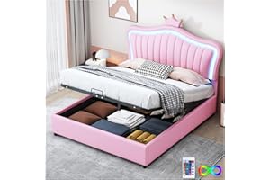 Racxily Letto per bambini con luci LED,letto contenitore idraulico,letto da principessa140x200cm, modanatura a corona,letto matrimoniale con contenitore,rete a doghe e schienale,PU,Rosa