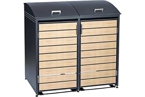 Zelsius Mülltonnenbox 2er Mülltonne mit abgerundetem Deckel | 120-240 Liter | Anthrazit RAL7016 | Tür in Holzoptik mit Erweiterungsmöglichkeiten | Mülltonnenhäusschen, Mülleimerboxen