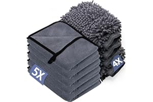 YSWOVUO Kit Nettoyage Voiture 5 Pack Chiffon Microfibre Voiture & 4 Pack Gant Lavage Microfibre, 600 GSM Microfibre Sechage pour Nettoyer Les (40 x 30 cm)