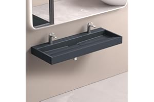 doporro Lavabo Suspendu avec Bonde Vasque à Poser Gris Noir Mat 120x46x11cm Lave Mains avec 2 Percages Rectangulaire Colossum19