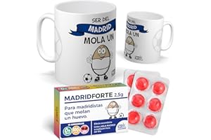 MUNDOHUEVO Pack Divertido | Taza Ser del Madrid Mola + Caramelos MadridForte | Frase Especial para Aficionados Madridistas | Idea de Regalo Original fútbol | Taza de Desayuno, Té o Café | Capacidad 350ML