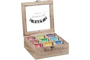 Relaxdays Scatola Porta tè e Tisane, 9 Scomparti, Cofanetto con Finestrella, Organizer per Capsule del Caffè, Naturale, 1 pz