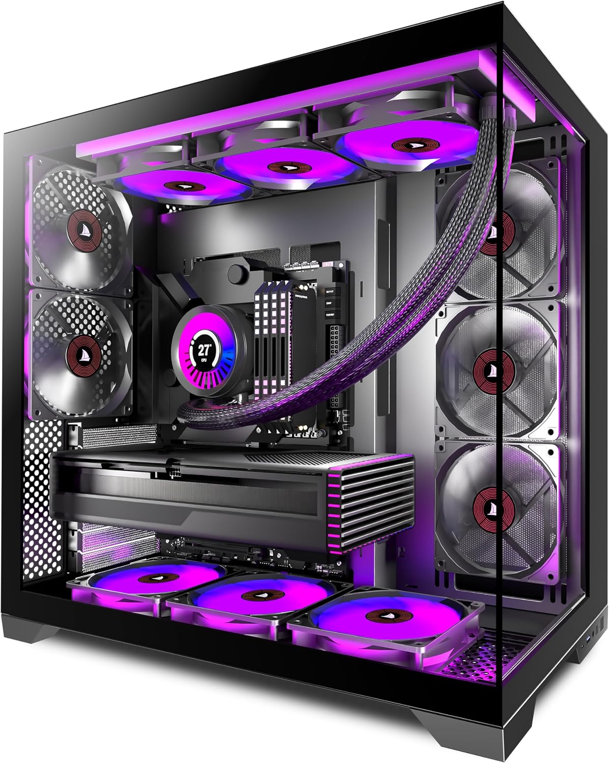 PCZZOI PC CASE ATX 5 Fans Pre-Installed, Type-C Mid Tower Computer Case with Full-View Dual Tempered Glass, Gaming PC Case,Black,K4（2026 Update Version）