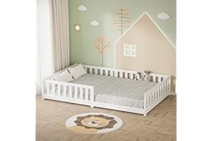 ML DESIGN MODERN LIVING ML-Design Cama de Suelo Infantil 120x200 cm Blanco Madera Maciza de Pino con Somier de Láminas y Protección Anticaída Cuna Doble Lecho para Niños y Bebés Mobiliario para Habitación Juvenil