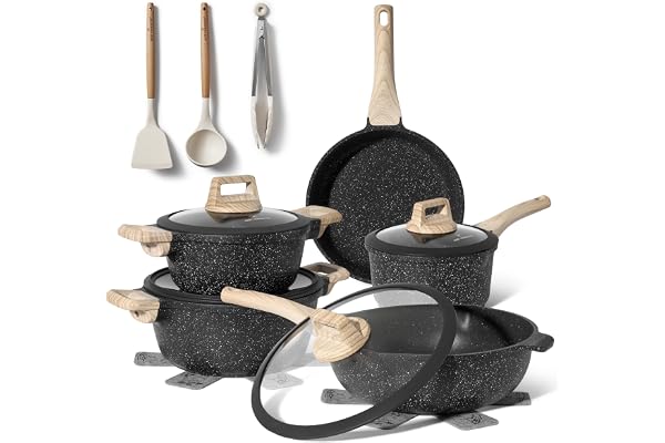 Just Perfecto Set med 21 kastruller och stekpannor, non-stick köksredskapsset, vit granit, induktion, non-stick set med stekpannor och kastruller (PFOS, PFOA-fri)