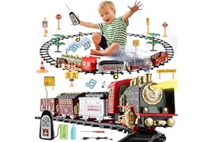 DAOUZL Tren Juguete, Tren Electrico Juguete Niños, Control Remoto Juegos de Trenes de Vapor con Humo, Luz y Sonido, Recargable, Tren Juguete para Niños a Partir de 3 Años