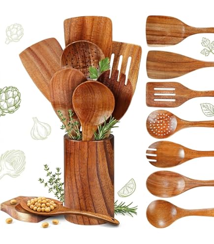 Set Di Cucchiai In Legno Di Teak Per Cucina - 7 Utensili Da Cucina Con Supporto - Antiaderenti, Adatti A Pentole Antiaderenti - Regalo Ideale Per Inaugurazione Casa - 6