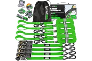 ‎RHINO USA Rhino USA Spanngurte mit Ratsche und Haken (4 Pack) - 800 kg Reißfestigkeit - 2.5cm x 4.6m - Gurte für Materialtransport Umzüge - Zurrgurt mit Ratsche - Ratschen Set Grün