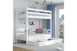 N-wood N03 Letto a castello con Cassetto 90x200, 100% Legno massello, Letto a soppalco per bambini e adulti, Scala universale: destra o sinistra, 2 Strutture inclusa, Bordi arrotondati, Bianco