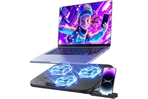 AISUNKUTECH Laptop Cooling Pad with 3 Quiet Fans, 5-Level Height Adjustable Ergonomic Stand, 2 USB Ports & Phone Holder, Fits 12-17 Inch Laptops, Family-Friendly for Gaming/Work/Online Class