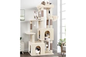 Globlazer Tiragraffi Beige per Gatti Adulti Stabile con Grandi Base 72cm*45cm, 2 Grotta, Piattaforma Imbottiti, Cesto, Albero Tiragraffi Alto 156 cm per Gatto Riposare Giocare Interno (F61, Beige)