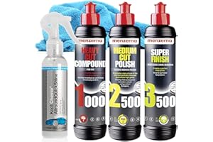 detailmate Menzerna - Conjunto de pulido Heavy Cut 1000 + Medium Cut Polish 2500 + Super Finish 3500 + Sonax Brilliant Shine Detailer, paño de microfibra 550 g/m²