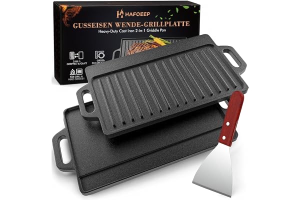 HAFOEEP Grillplatta i gjutjärn, 2-i-1 emaljerad vändbar grillplatta för gasgrill, kolgrill, spis och ugn, 40 x 20 cm, inklusive grillspatel, BBQ grilltillbehör för biff, kött, fisk och grönsaker