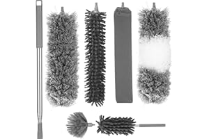 LEAZZLE 7 Pièces Plumeau Telescopique, Tete De Loup Telescopique Longueur Maximale 27-256 cm, Plumeau Lavable Microfibre, Plumeau Poussiere Telescopique pour Ventilateur de Plafond, Toile D'AraignéE(Gris)