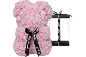 DuHouse Rose Bär Rose Teddybär Blume Geschenk Black Box für Valentinstag Jahrestag Muttertag Weihnachten, Geburtstage Bridal Showers Vollständig handgefertigt 25,4 cm Blume Bär (hellrosa)