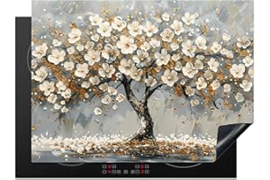 KitchenYeah© Copertura Tappetino Piano Induzione 70x52 cm Cucina Coprifornelli Protezione per Piano Induzione Albero della vita - Oro - Bianco