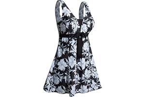 Ecupper Maillot de Bain Une Pieces pour Femme Rétro Jupe avec Volantée Contrôle du Ventre Push Up Col en V