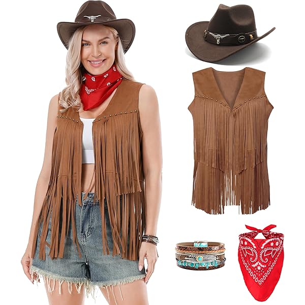 Firecos Cowboykostuum voor Mannen Western Cosplay Gefranjerd Vest met Hoed Sjaal Vintage Ketting voor Carnaval Hippie Kostuum Set voor Volwassenen (Khaki, XXXL