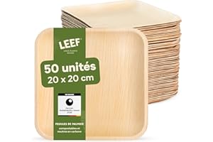 Leef – Assiettes en Feuille de Palmier Carrées – Vaisselle Jetable Compostable et Naturelle – Écologique, Idéal Fête et Traiteur (20 x 20 cm)
