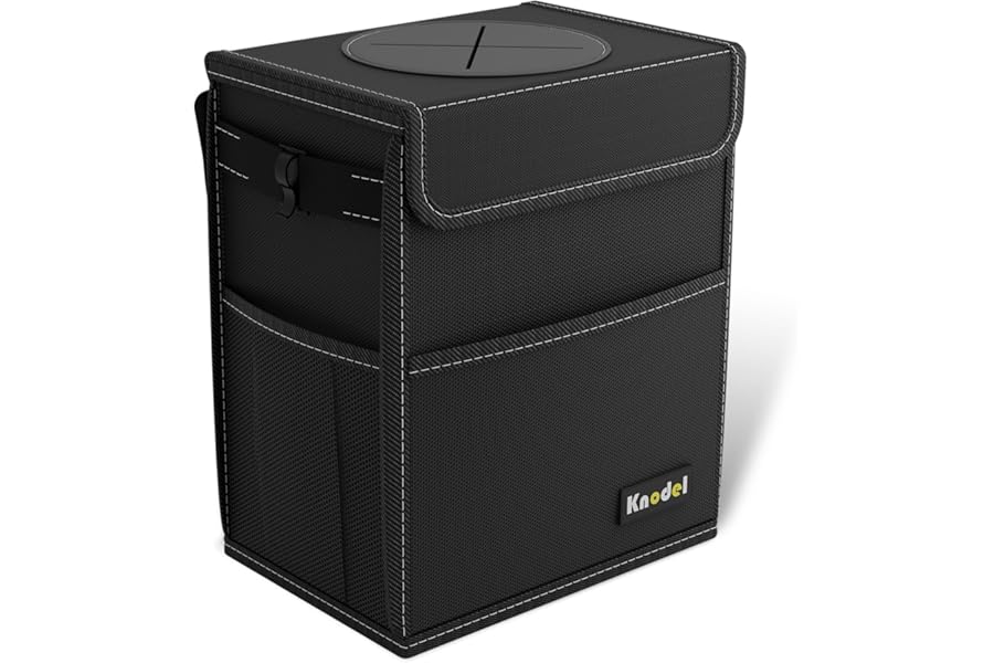 K KNODEL Car Bin With Lid - Foldable and Waterproof for Tidy Use, Adjustable Straps and Multiple Pockets (Medium, Black)