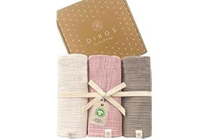 DIKOS Juego de 3 paños de Gasa para bebé, 64x64 cm, 100% algodón orgánico, Muselina, pañales, pañales de Gasa para recién Nacidos, Regalo para Nacimiento (Rosa y Crema)