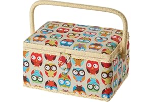 Sewing Online Medium Sewing Box,Owl Print Fabric | 26 x 19 x 15cm | Storage and Organiser Basket with Compartments for Sewing Supplies,Accessories,Thread,Needles,and Scissors - FM-011