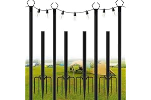 LENGSUAA 4 Pack String Light Poles, 9.8 Ft Metal Poles with Fork for Outdoor String Lights, Weather Resistant Light Festoon Poles for Outside, Patio, Deck, Backyard, Garden Wedding, Party
