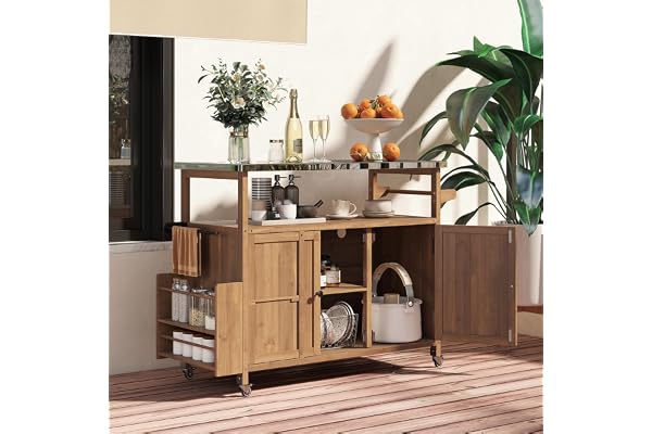 GOPLUS Desserte Jardin Plancha Barbecue, Desserte Cuisine en Bois avec 3 Étagères, 2 Plateaux, Armoire à Porte, Porte-Serviettes & Porte-Épices, Charge 90 KG, pour Jardin, BBQ