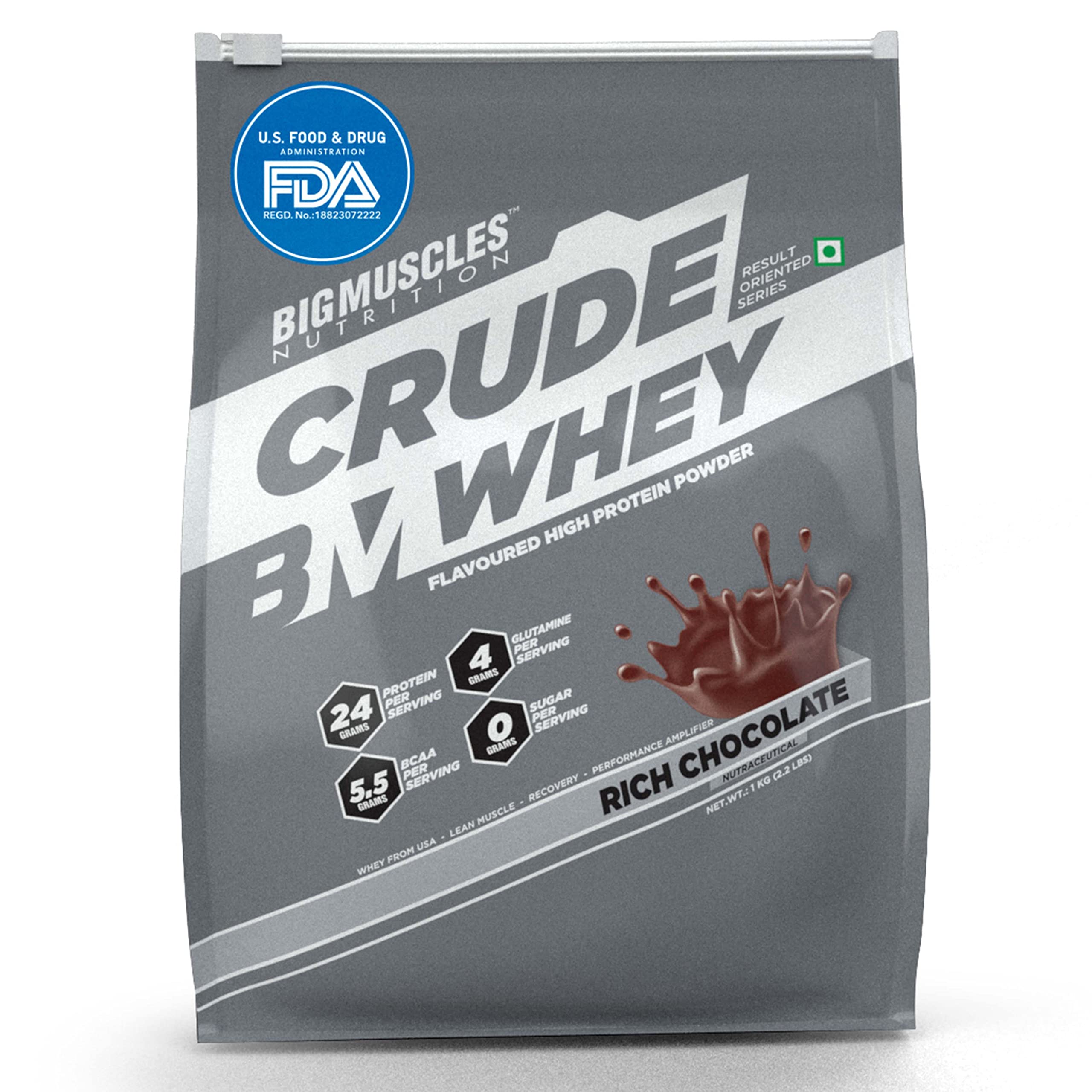 Bigmuscles Nutrition Crude Whey - 1 kg (Rich Chocolate) | US FDA REGD. BRAND | Whey Protein Concentrate 80%, 24g Protein, 5.5