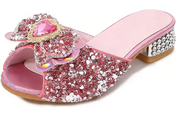 Monissy Princesse Fille Chaussures à Talon Haut Pantoufle Argenté Paillette Noeud Elsa Badge Semelle Elsa Imprimé Reine des Neiges Sandale Bouche de Poisson Noël Halloween, Rose, 29